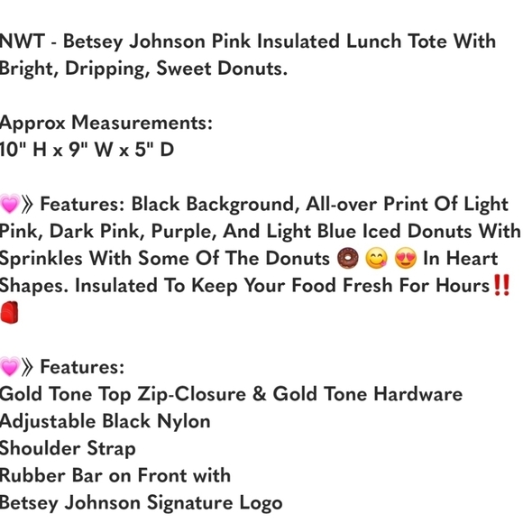 🔹️Betsey Johnson🔹️ Insulated Pink Donut Lunch Tote Size 10"x9"x5" - Picture 6 of 6